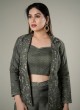 Olive Green Palazzo And A Crop Top Set With Jacket